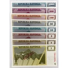 SLOVENIA 1990 . ONE 1 - ONE THOUSAND 1,000 TOLARJEV BANKNOTES . SPECIMEN